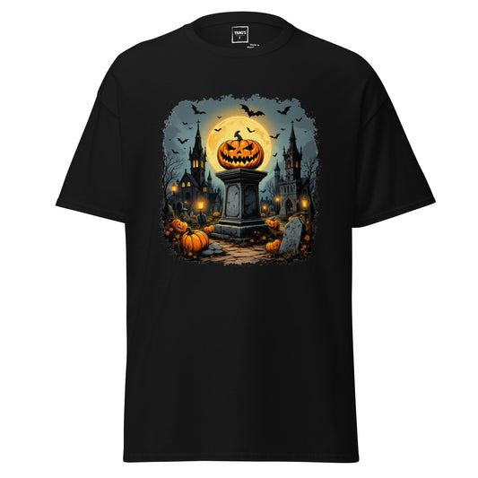 Halloween T-Shirt mit Motiv Kürbis-Altar, Schlosskulisse und Fledermäusen