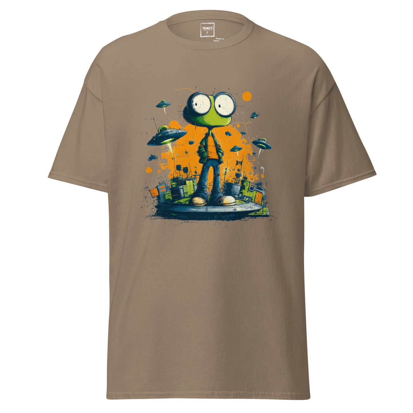 Urban Style Alien T-Shirt mit Cartoon Alien, UFOs und Stadtkulisse