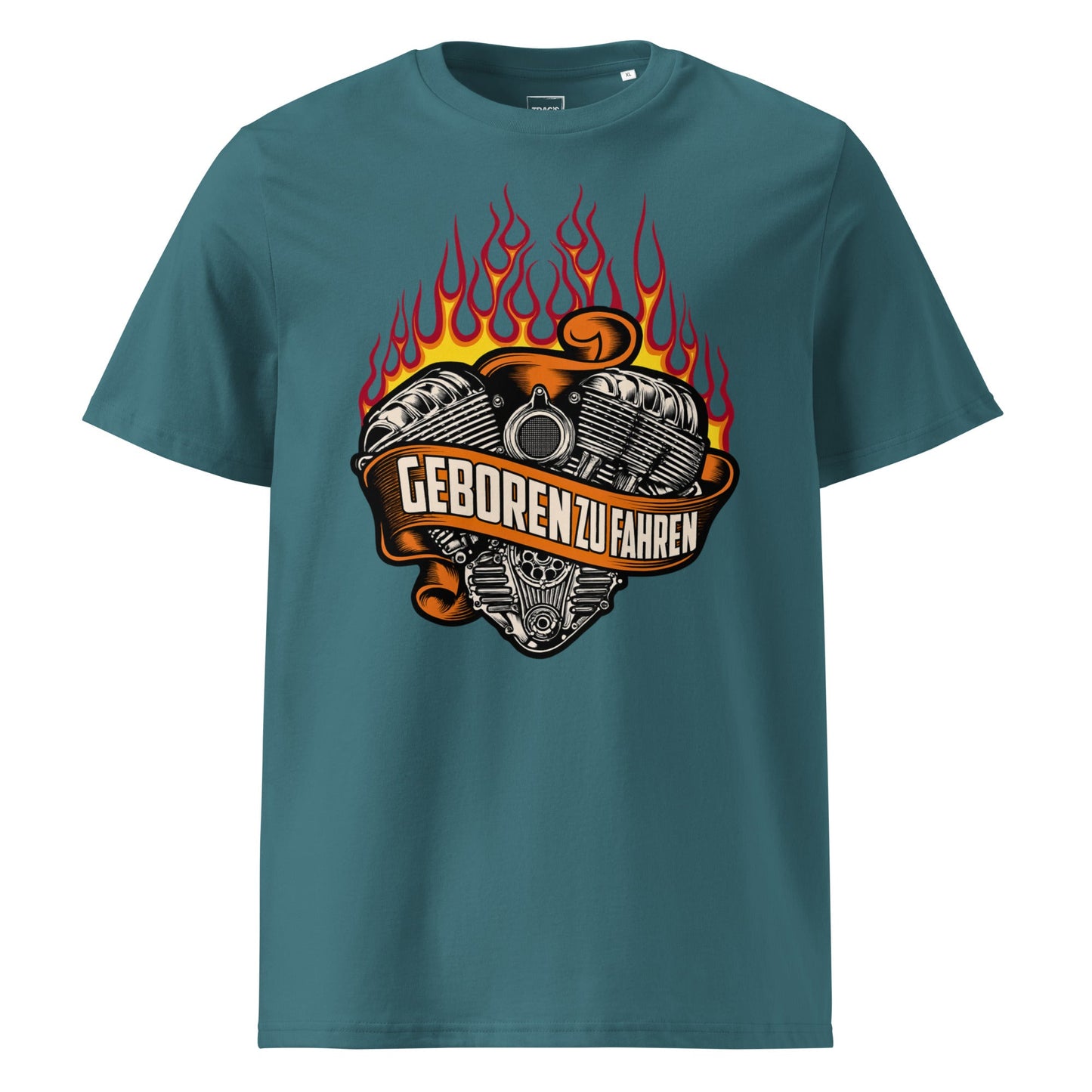 Biker T-Shirt „Geboren zu fahren“ – Premium Eco, Flammen & V-Twin-Motor