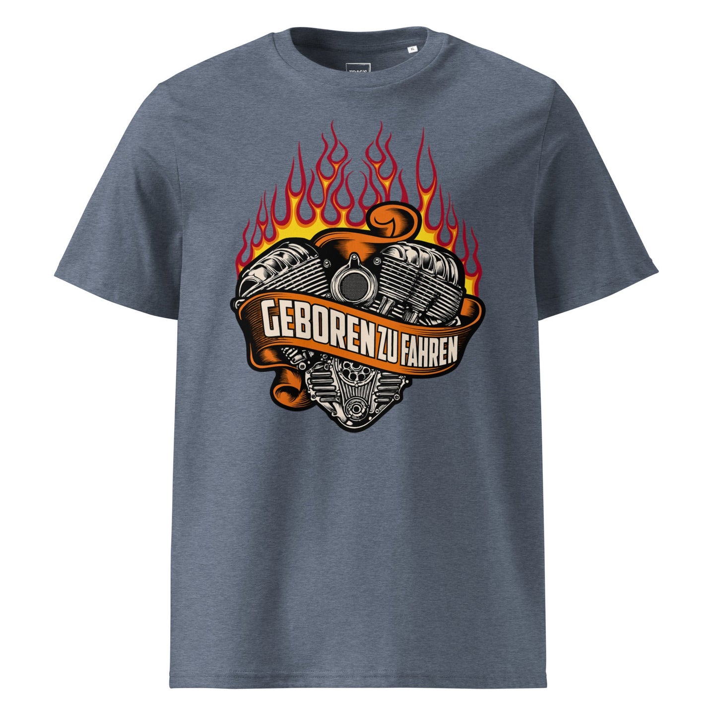 Biker T-Shirt „Geboren zu fahren“ – Premium Eco, Flammen & V-Twin-Motor