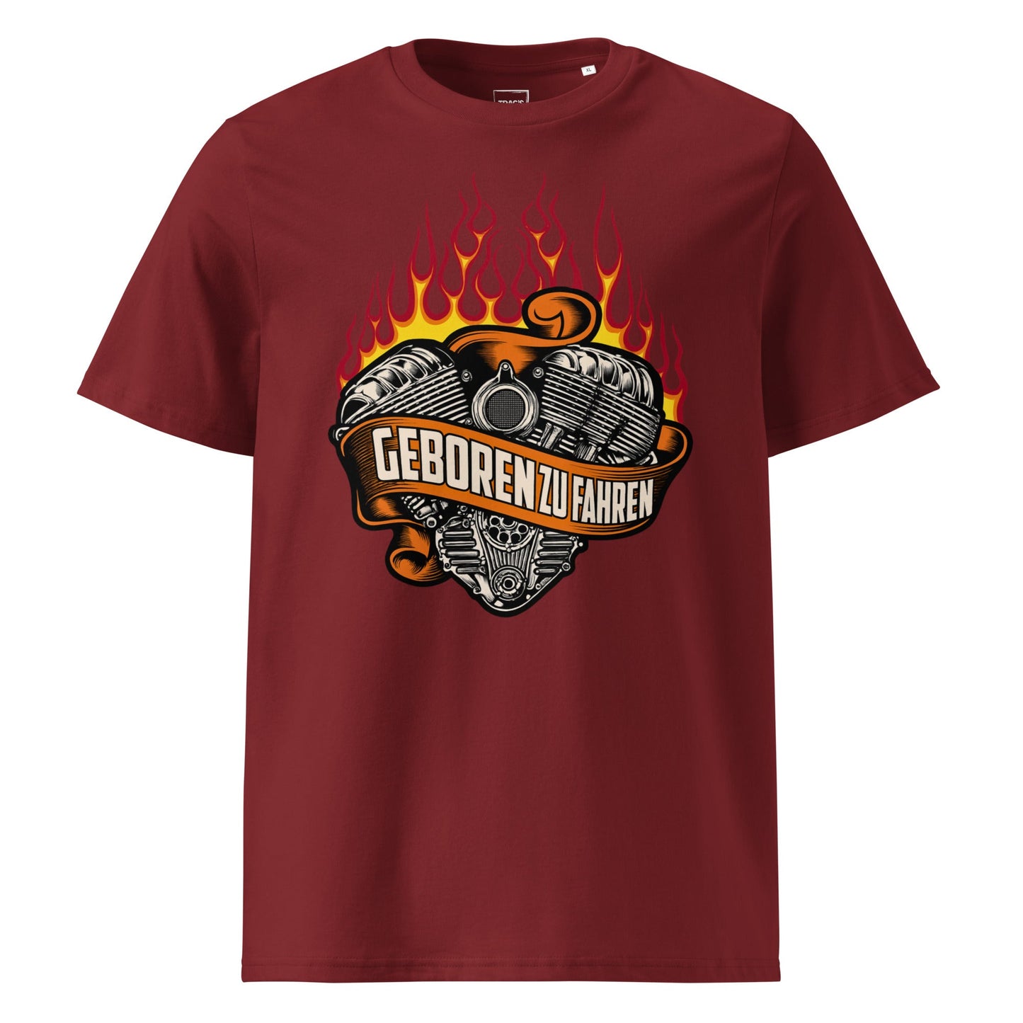 Biker T-Shirt „Geboren zu fahren“ – Premium Eco, Flammen & V-Twin-Motor