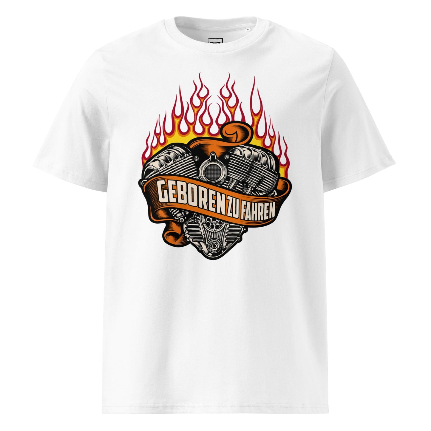 Biker T-Shirt „Geboren zu fahren“ – Premium Eco, Flammen & V-Twin-Motor