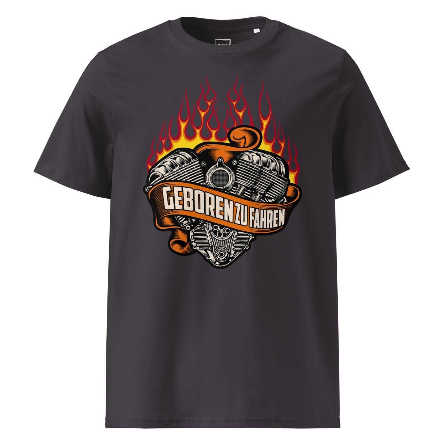 Biker T-Shirt „Geboren zu fahren“ – Premium Eco, Flammen & V-Twin-Motor