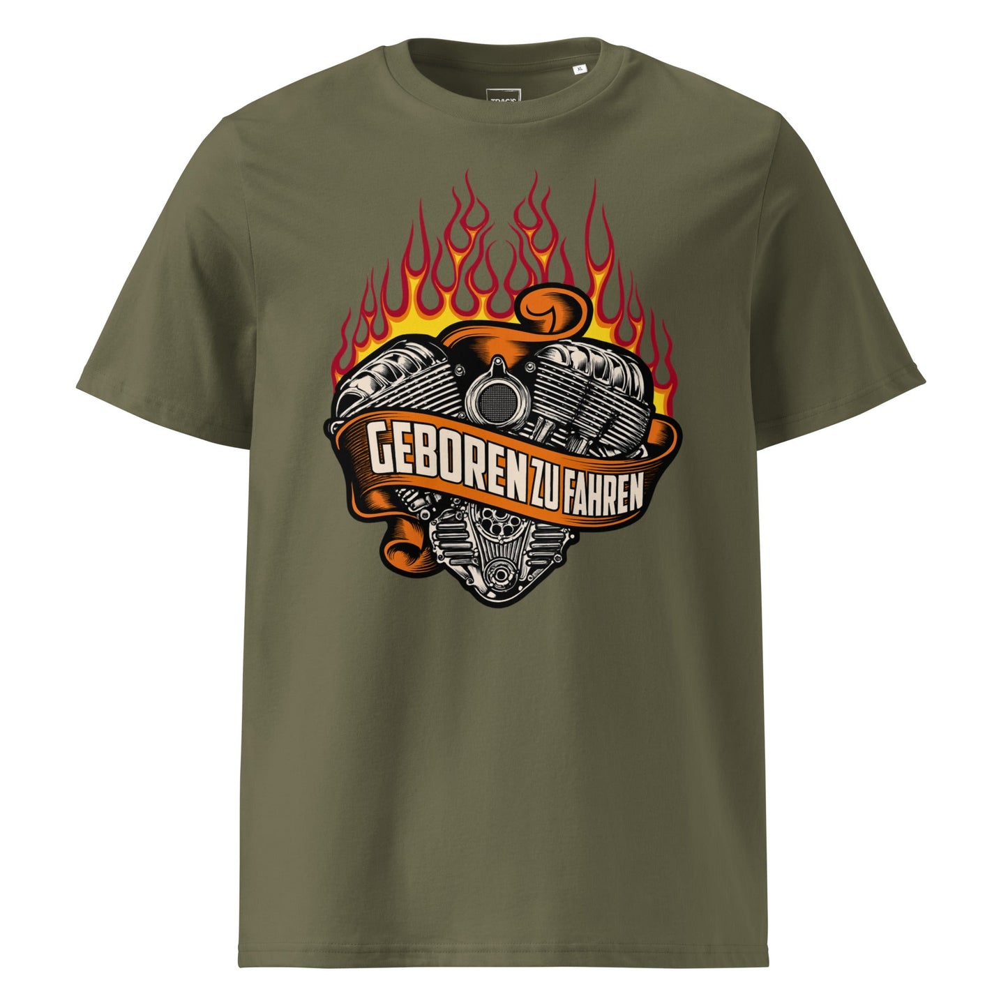 Biker T-Shirt „Geboren zu fahren“ – Premium Eco, Flammen & V-Twin-Motor