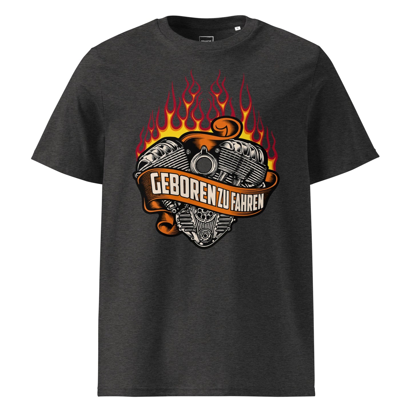 Biker T-Shirt „Geboren zu fahren“ – Premium Eco, Flammen & V-Twin-Motor