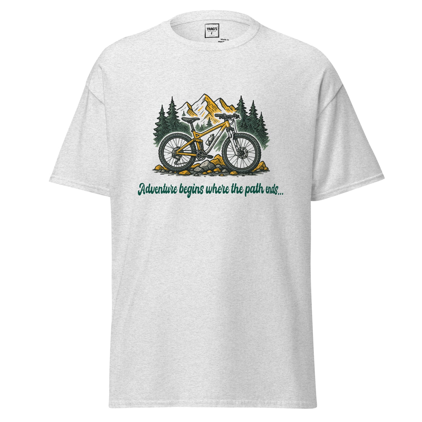 Outdoor T-Shirt mit Fahrrad & Bergen – „Adventure begins…“, Classic Standard