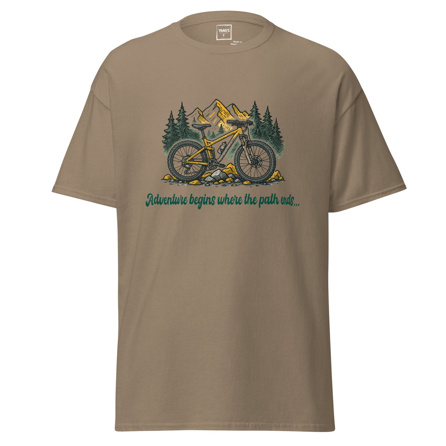 Outdoor T-Shirt mit Fahrrad & Bergen – „Adventure begins…“, Classic Standard