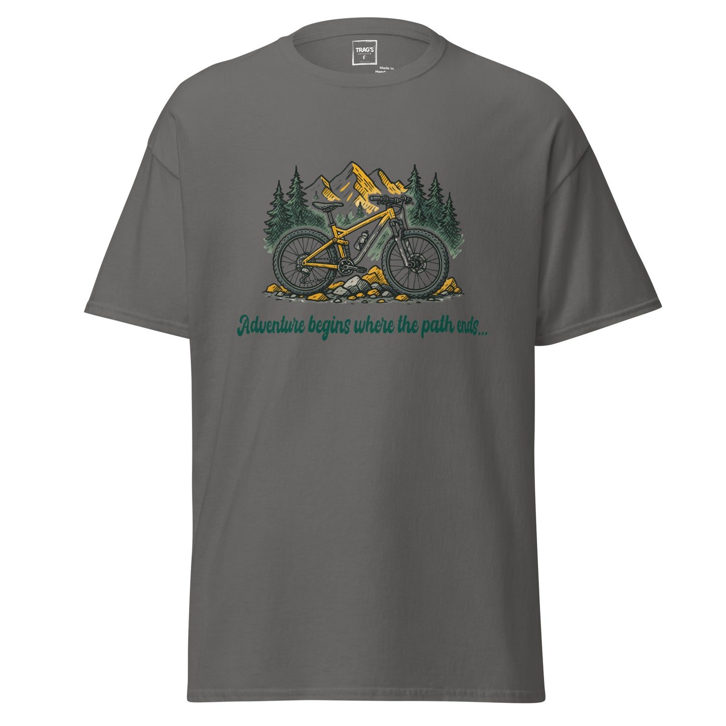 Outdoor T-Shirt mit Fahrrad & Bergen – „Adventure begins…“, Classic Standard