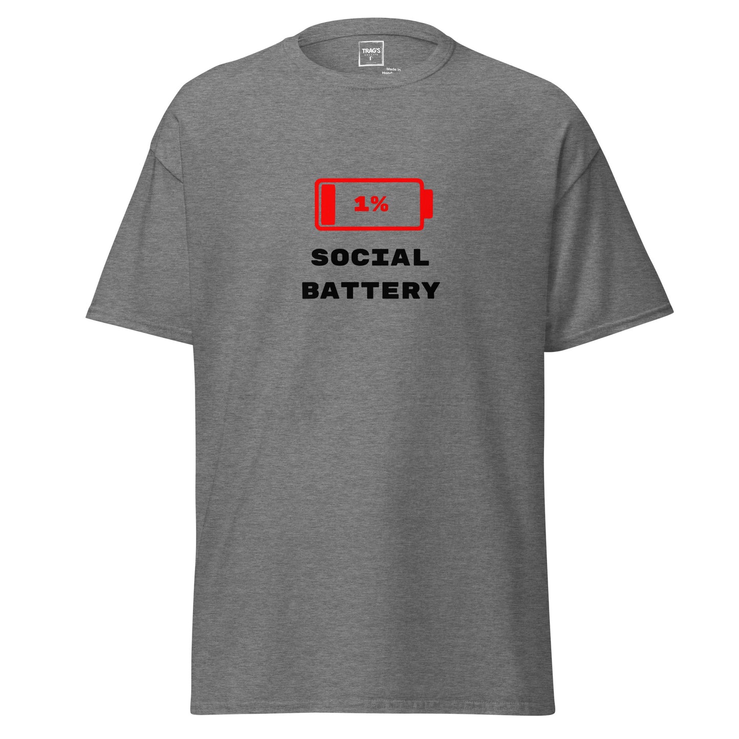 T-Shirt mit Spruch „1 % Social Battery“ – Classic Standard, rotes Batterie-Symbol
