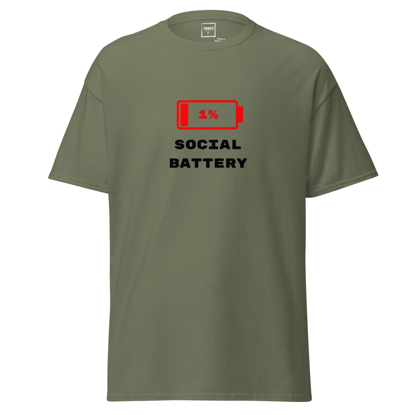 T-Shirt mit Spruch „1 % Social Battery“ – Classic Standard, rotes Batterie-Symbol