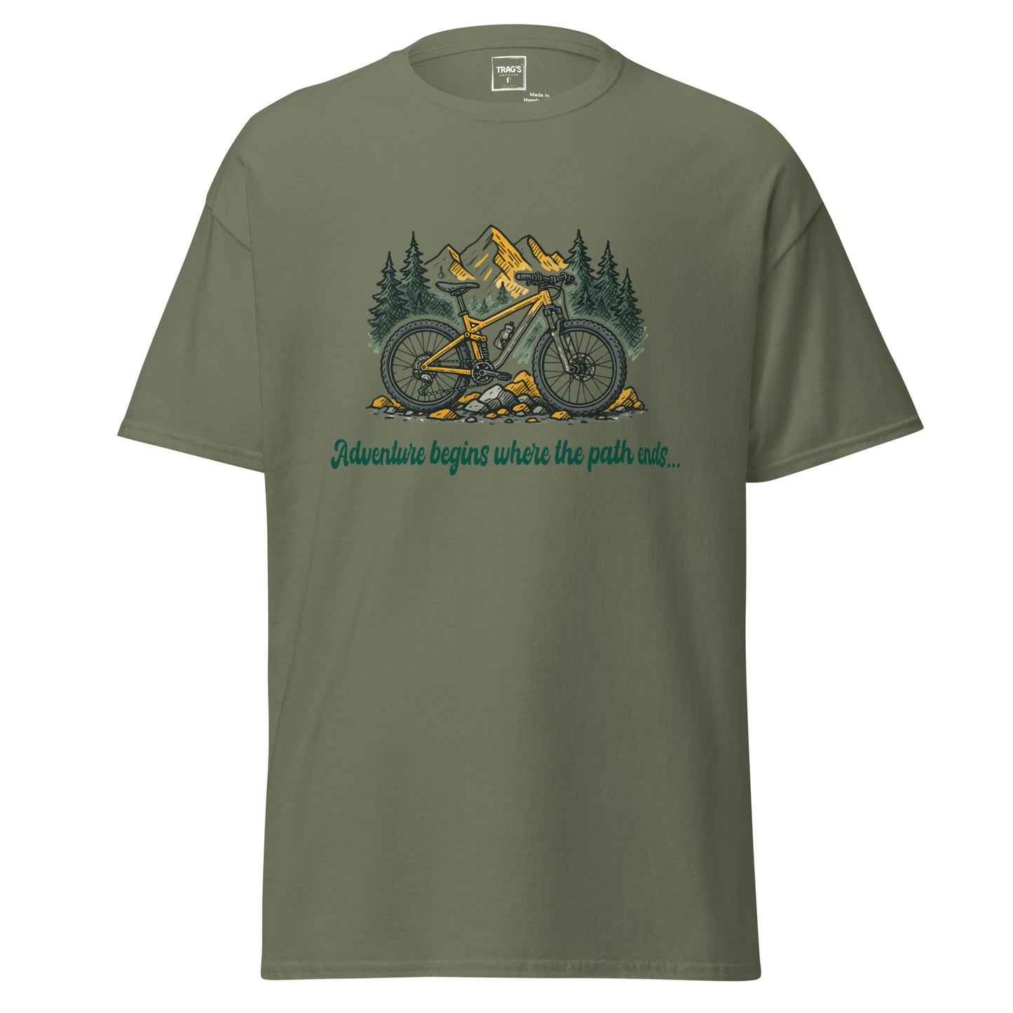 Outdoor T-Shirt mit Fahrrad & Bergen – „Adventure begins…“, Classic Standard