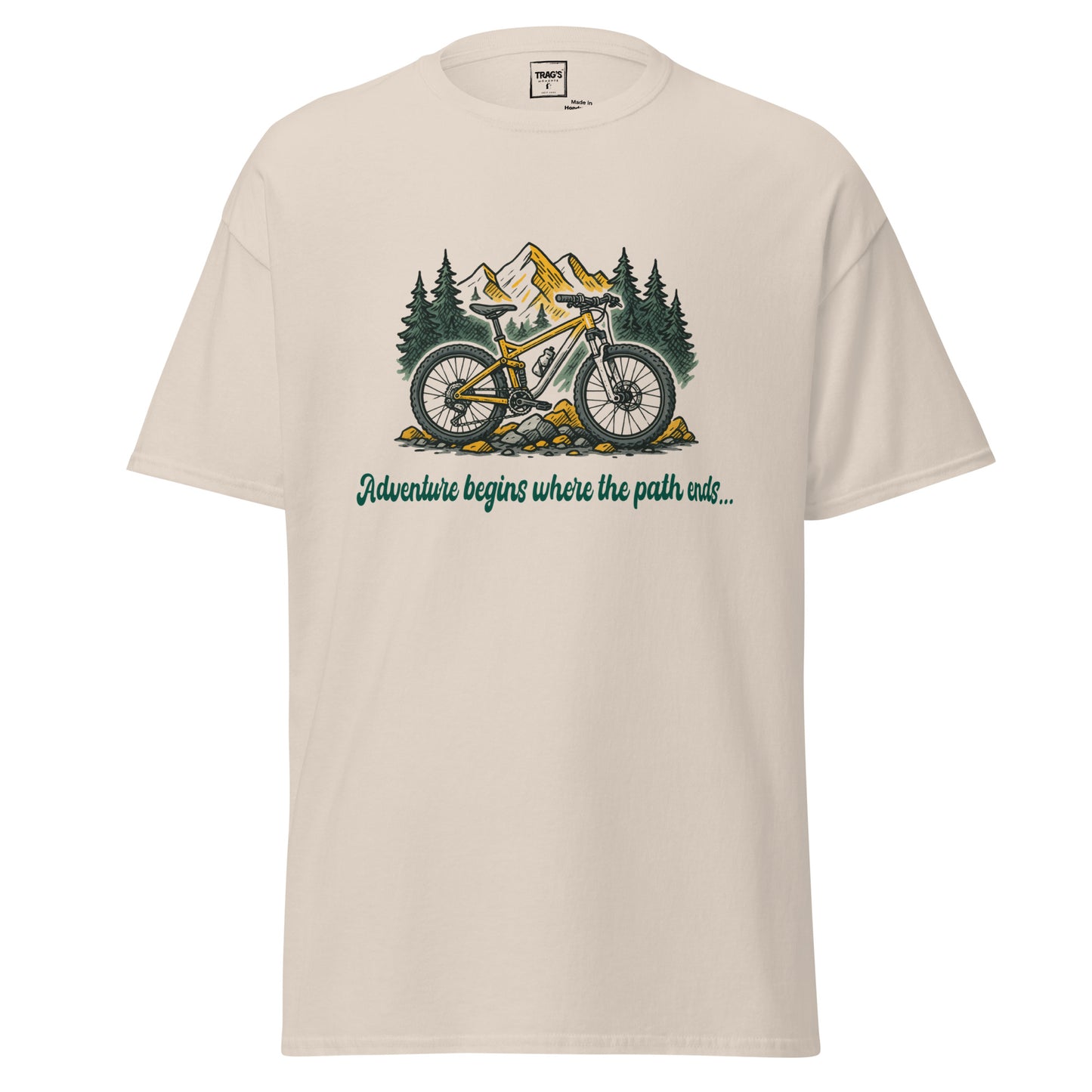 Outdoor T-Shirt mit Fahrrad & Bergen – „Adventure begins…“, Classic Standard