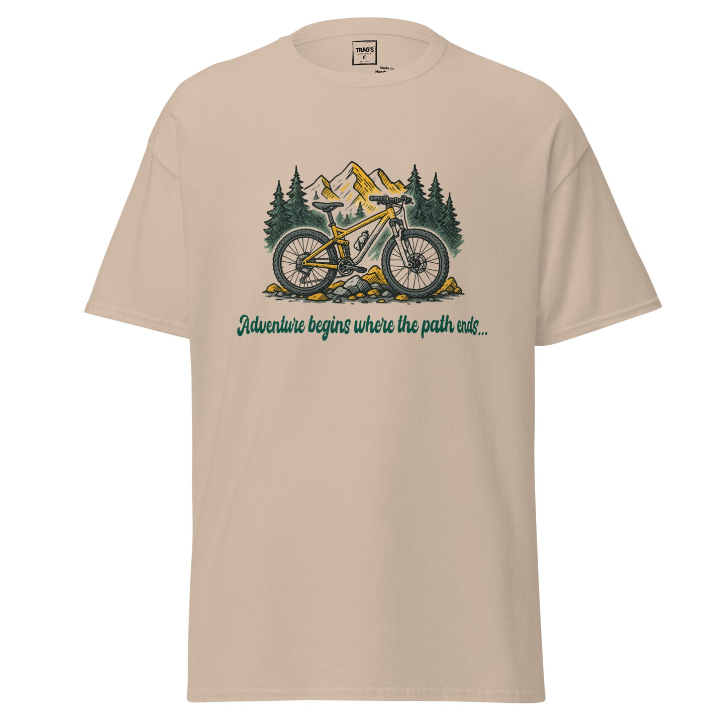 Outdoor T-Shirt mit Fahrrad & Bergen – „Adventure begins…“, Classic Standard