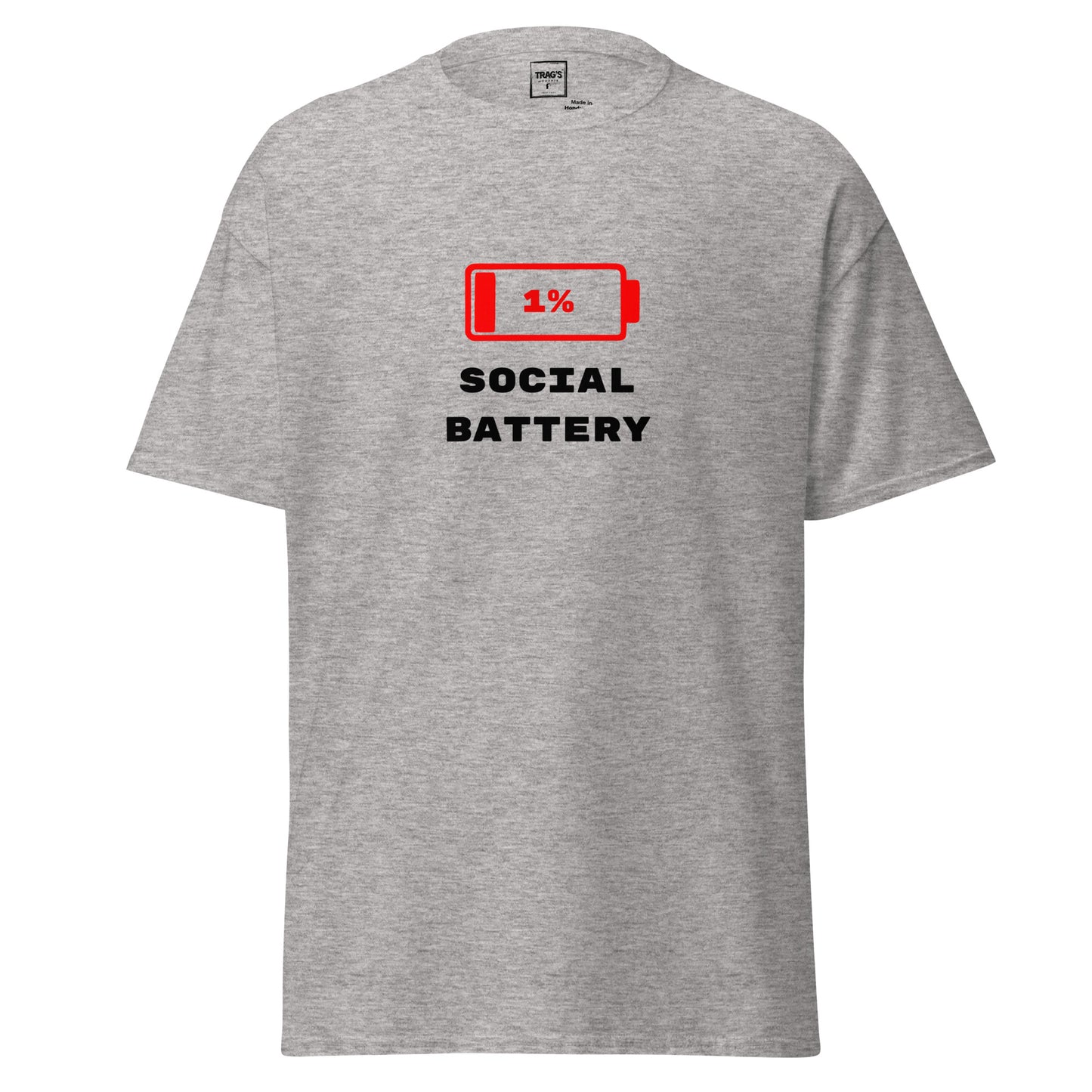 T-Shirt mit Spruch „1 % Social Battery“ – Classic Standard, rotes Batterie-Symbol