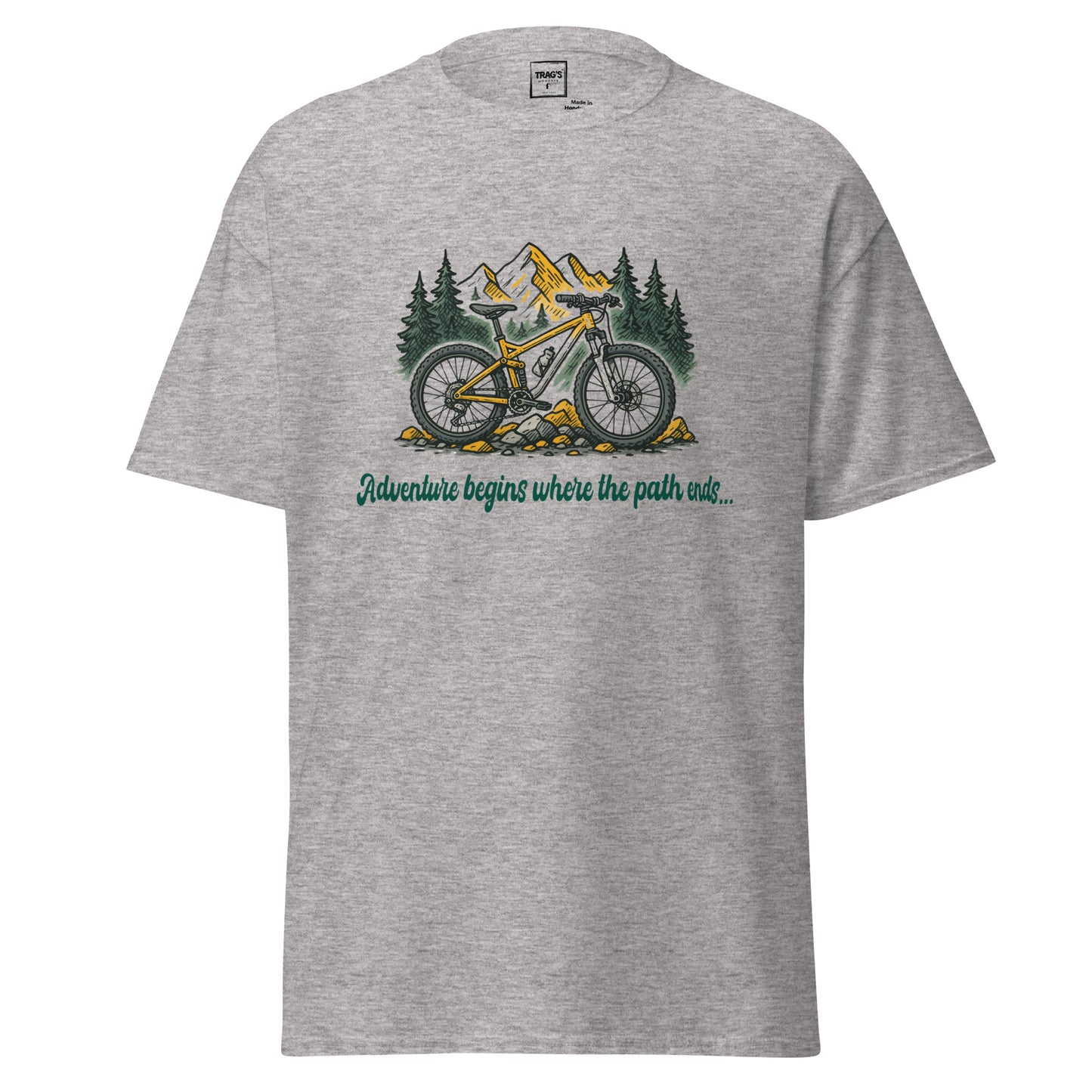 Outdoor T-Shirt mit Fahrrad & Bergen – „Adventure begins…“, Classic Standard
