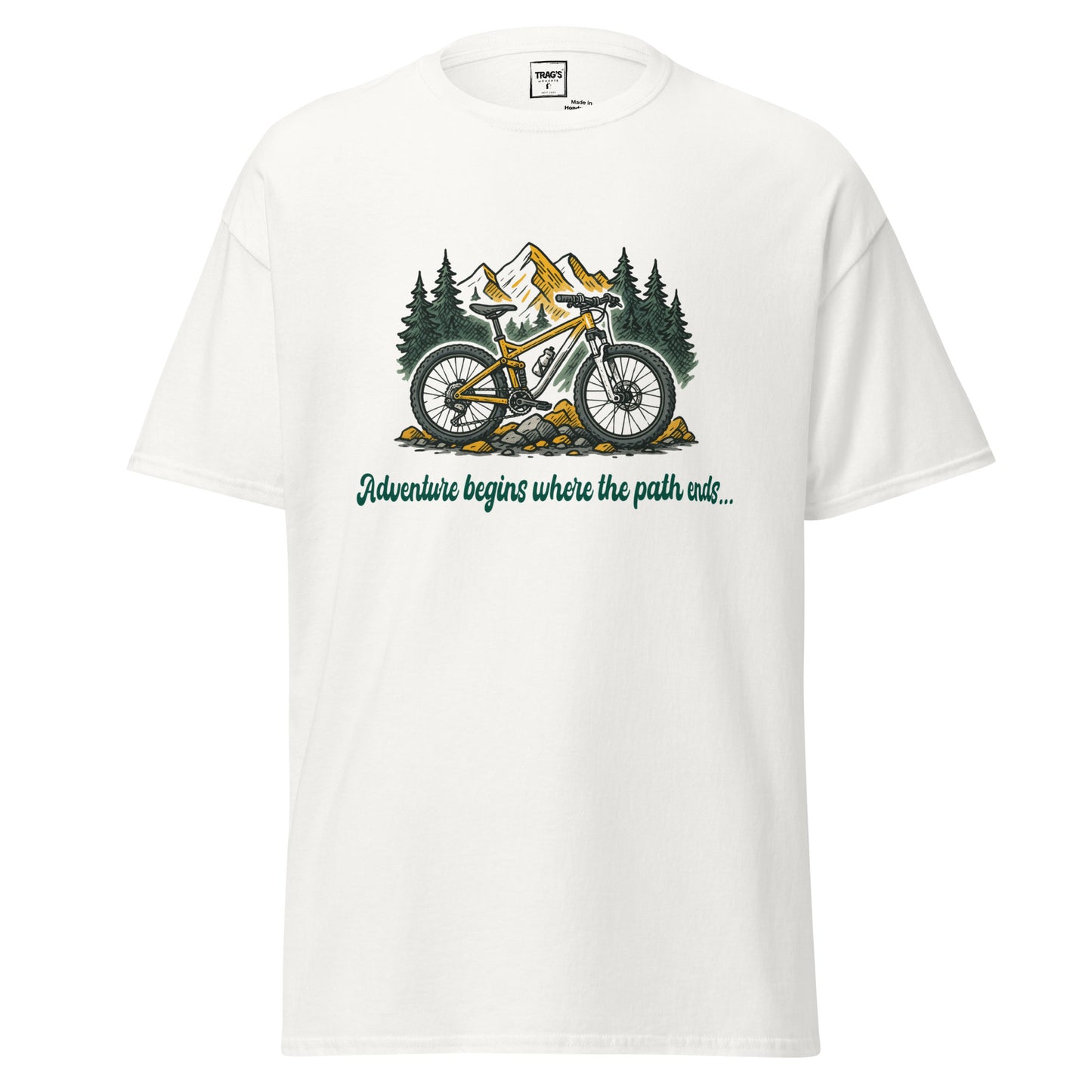 Outdoor T-Shirt mit Fahrrad & Bergen – „Adventure begins…“, Classic Standard