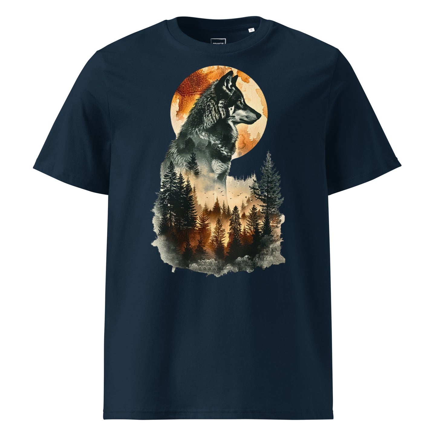Wolf T-Shirt „Moonlit Forest“ – Premium Eco, Wolf vor Vollmond und Waldmotiv