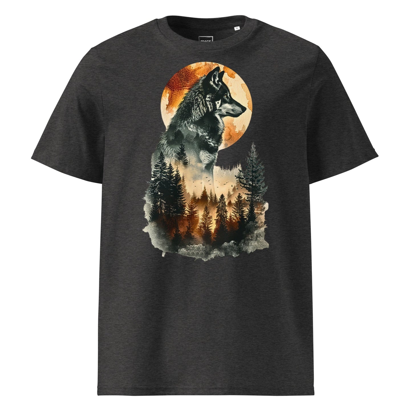 Wolf T-Shirt „Moonlit Forest“ – Premium Eco, Wolf vor Vollmond und Waldmotiv