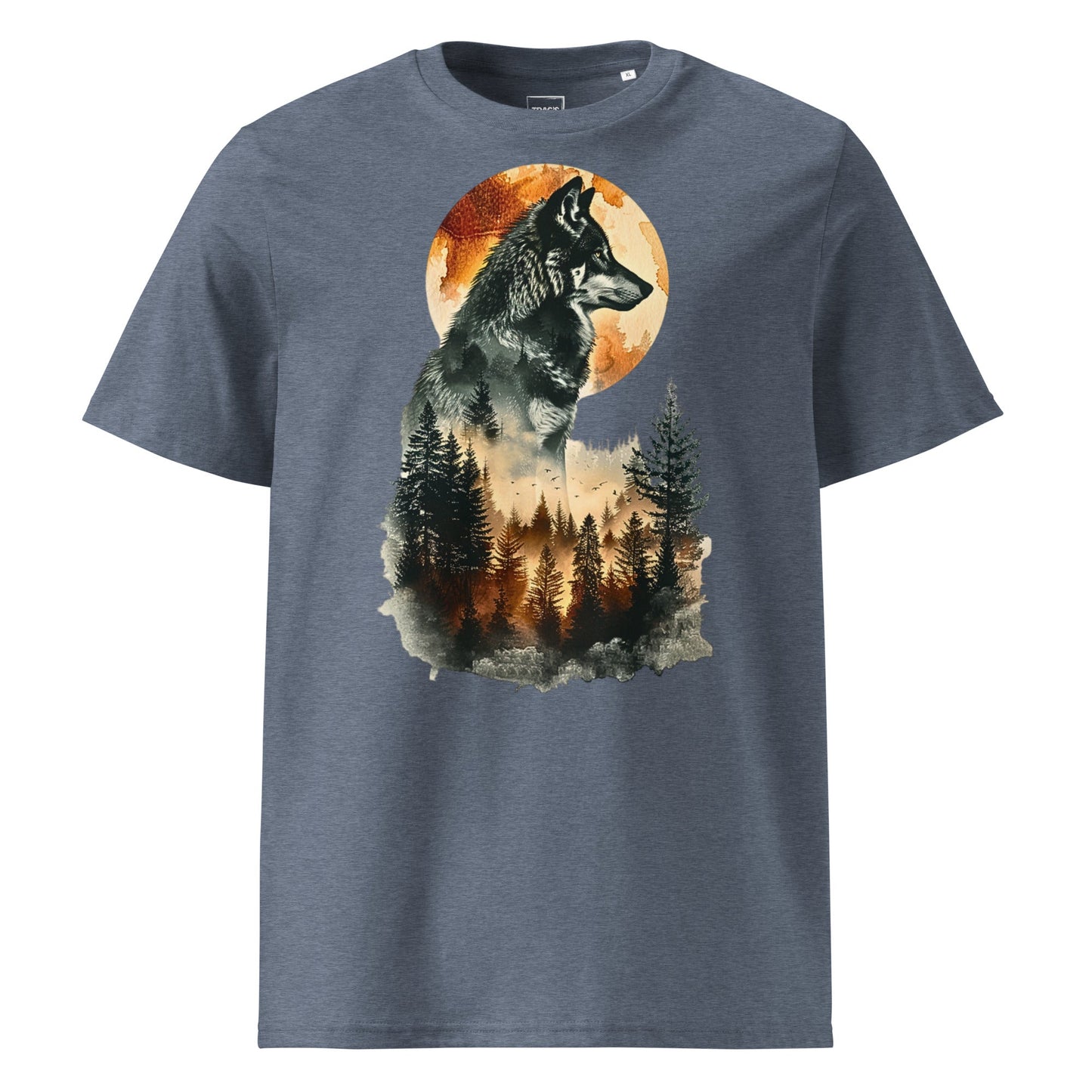 Wolf T-Shirt „Moonlit Forest“ – Premium Eco, Wolf vor Vollmond und Waldmotiv