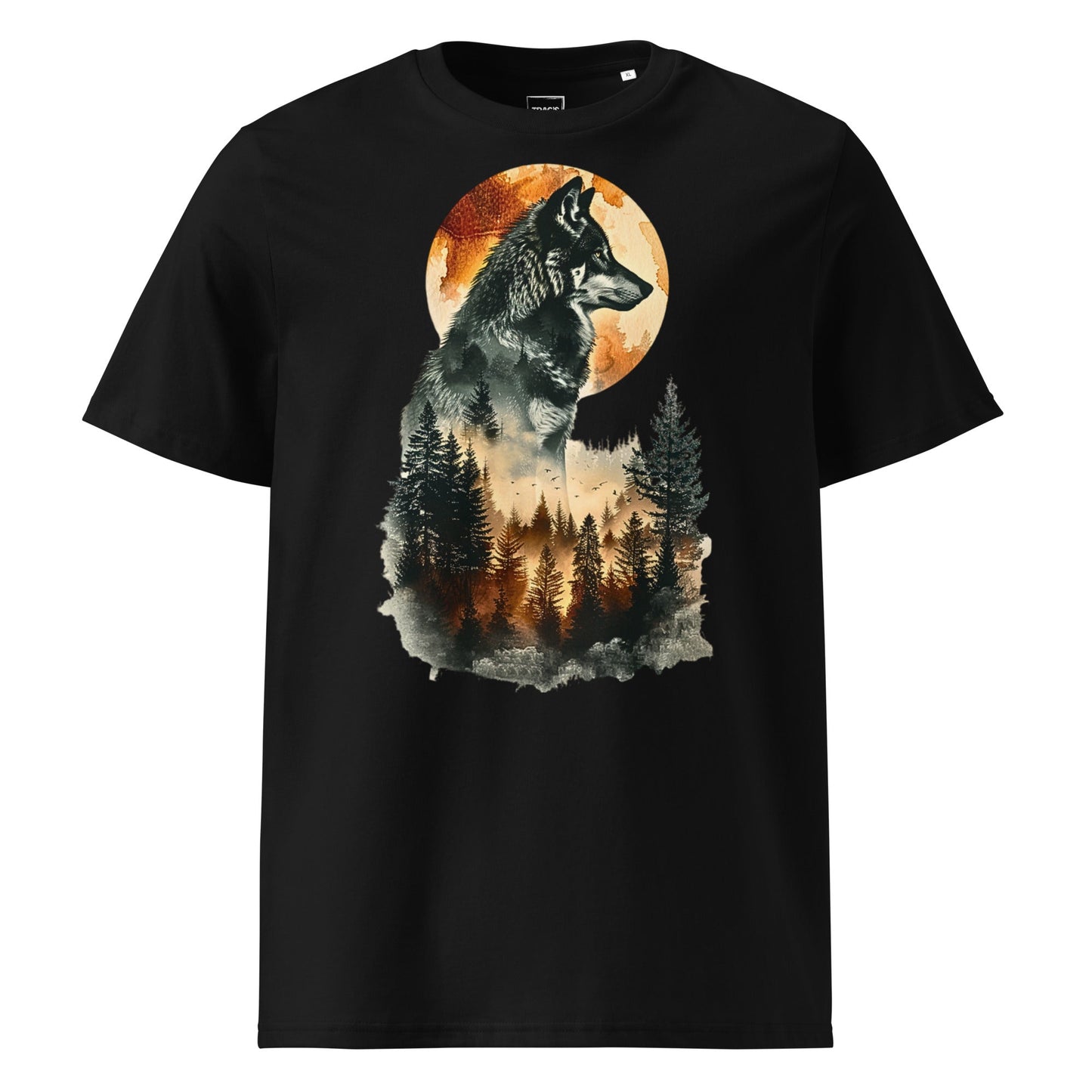 Wolf T-Shirt „Moonlit Forest“ – Premium Eco, Wolf vor Vollmond und Waldmotiv
