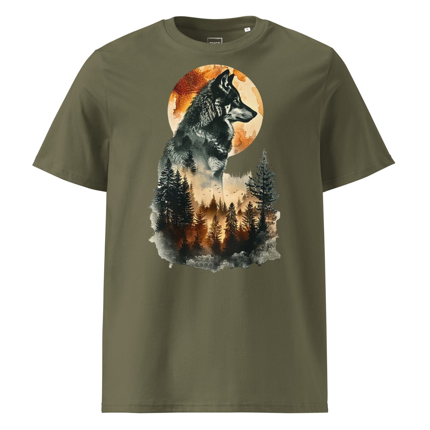 Wolf T-Shirt „Moonlit Forest“ – Premium Eco, Wolf vor Vollmond und Waldmotiv