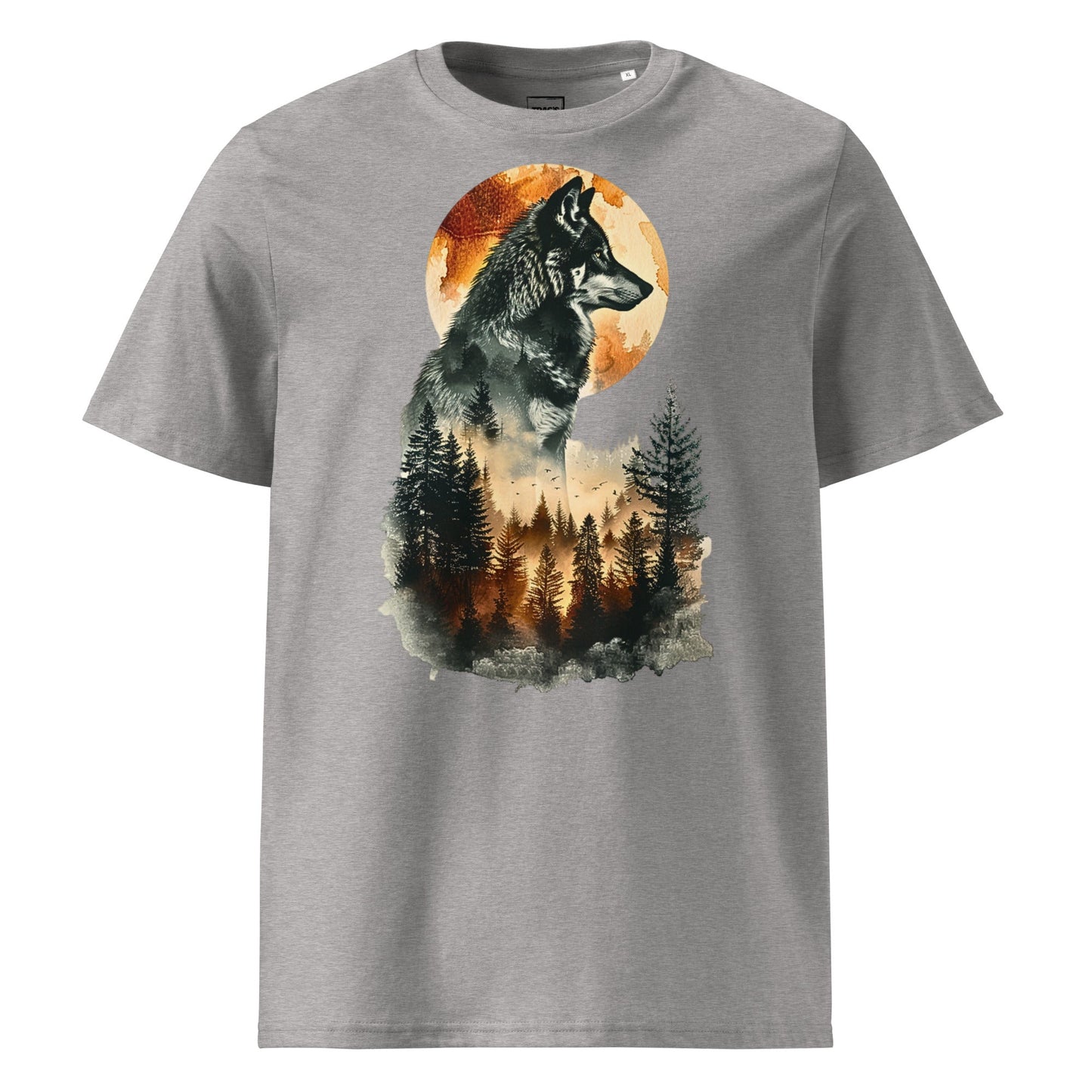 Wolf T-Shirt „Moonlit Forest“ – Premium Eco, Wolf vor Vollmond und Waldmotiv