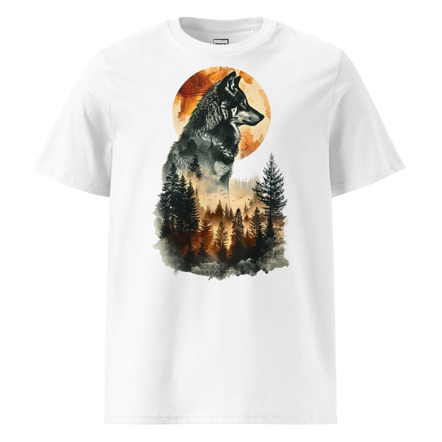 Wolf T-Shirt „Moonlit Forest“ – Premium Eco, Wolf vor Vollmond und Waldmotiv