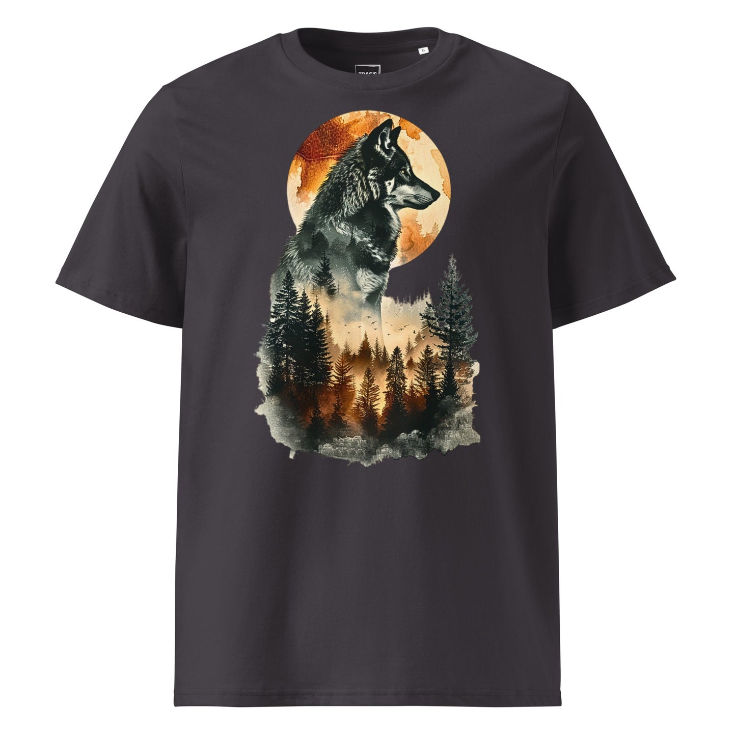 Wolf T-Shirt „Moonlit Forest“ – Premium Eco, Wolf vor Vollmond und Waldmotiv