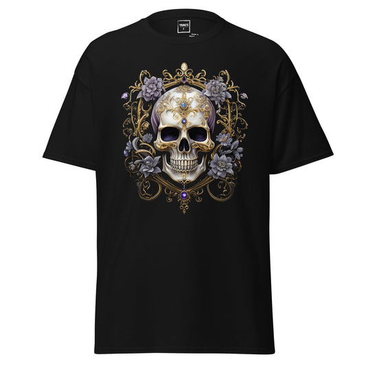Gothic T-Shirt mit Motiv Totenkopf, goldene Ornamente und Edelsteine – Classic Standard