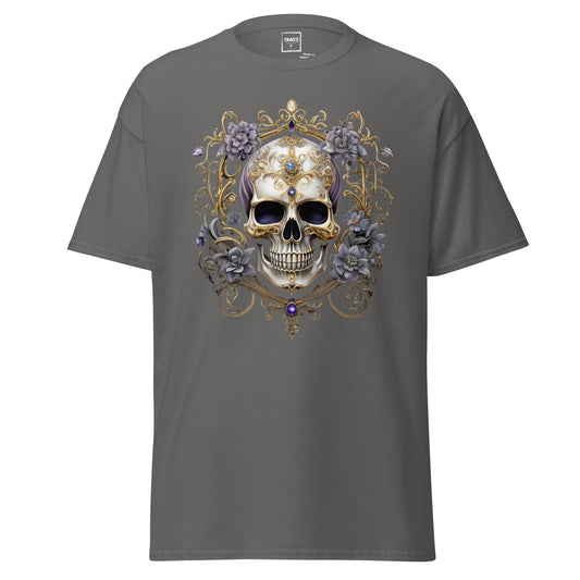 Gothic T-Shirt mit Motiv Totenkopf, goldene Ornamente und Edelsteine – Classic Standard
