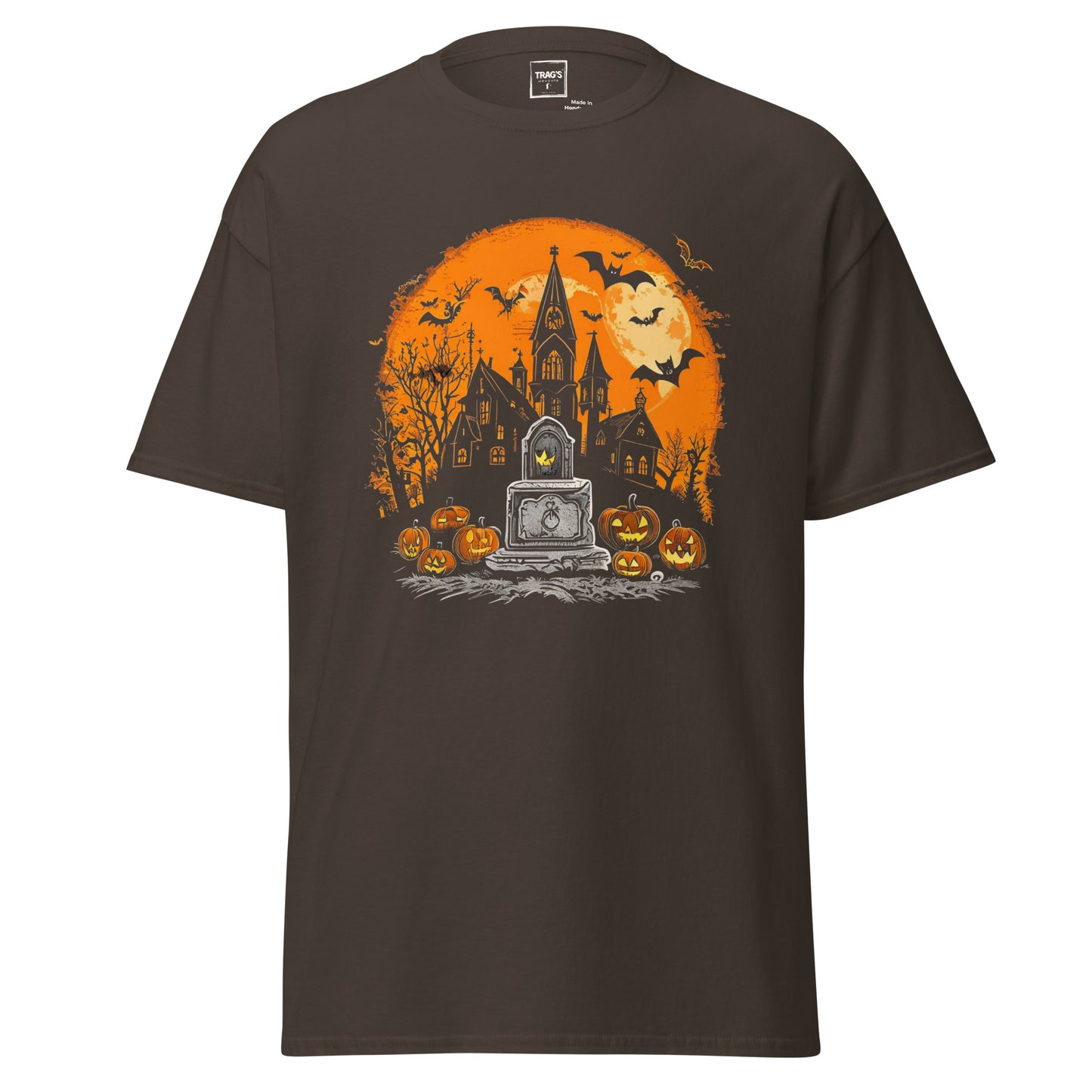 Halloween T-Shirt mit Motiv Geisterhaus, Grabstein, Kürbisse und Vollmond
