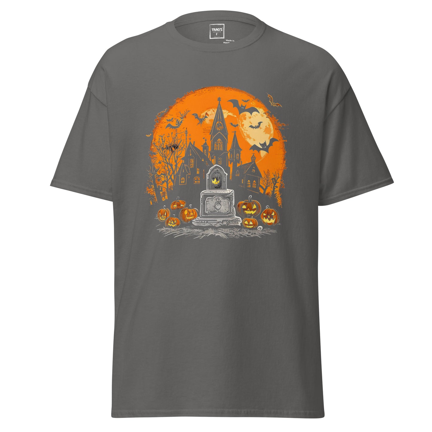 Halloween T-Shirt mit Motiv Geisterhaus, Grabstein, Kürbisse und Vollmond
