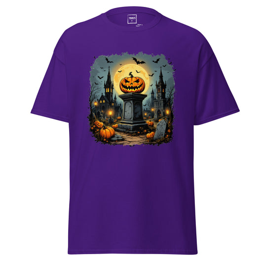 Halloween T-Shirt mit Motiv Kürbis-Altar, Schlosskulisse und Fledermäusen