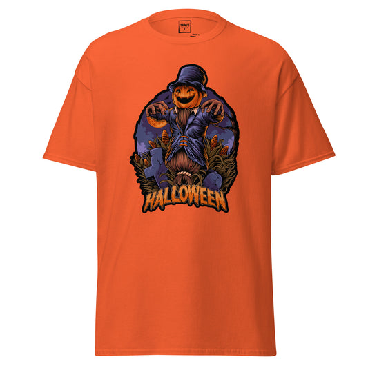 Halloween T-Shirt mit Motiv Kürbiskopf-Scarecrow und Aufschrift Halloween – Classic Standard