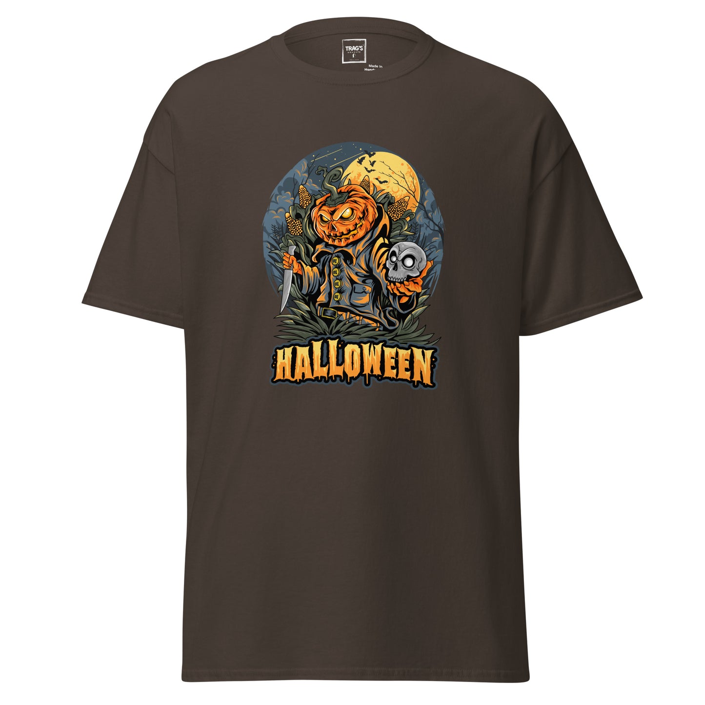 Halloween T-Shirt mit Motiv Kürbiskopf, Messer und Schädel – Classic Standard