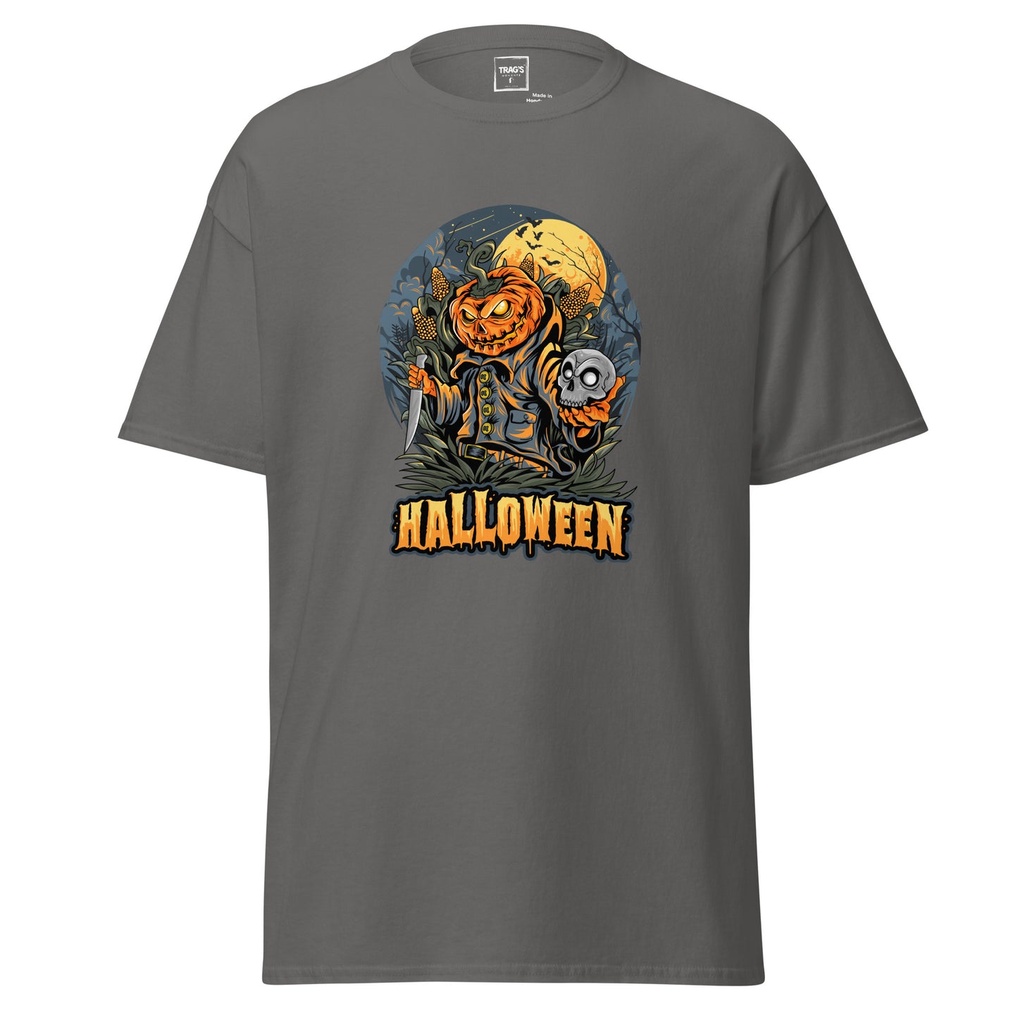 Halloween T-Shirt mit Motiv Kürbiskopf, Messer und Schädel – Classic Standard