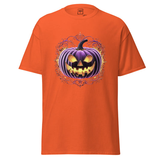 Halloween T-Shirt mit Motiv lila Kürbis mit Grinsen – Classic Standard
