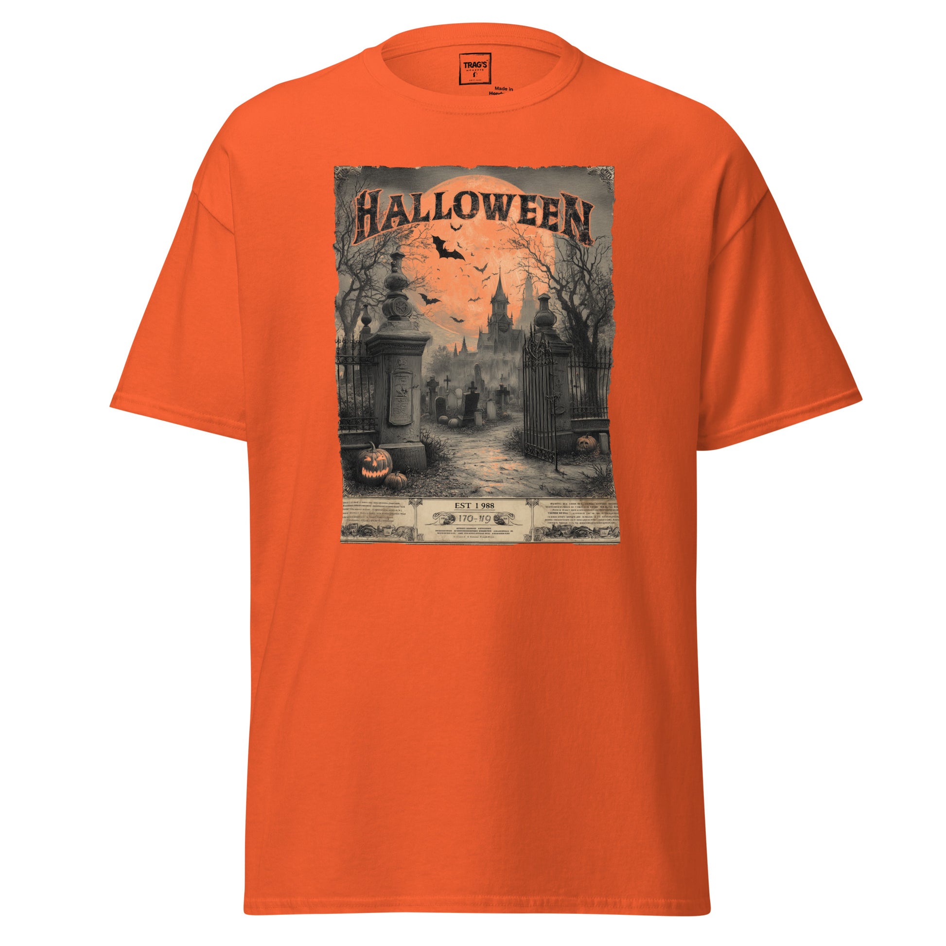 Halloween T-Shirt mit Vintage Motiv Friedhofstor, Schloss und Kürbisse
