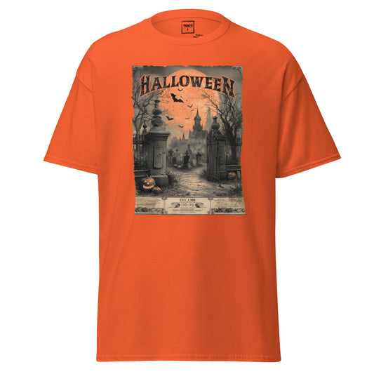 Halloween T-Shirt mit Vintage Motiv Friedhofstor, Schloss und Kürbisse