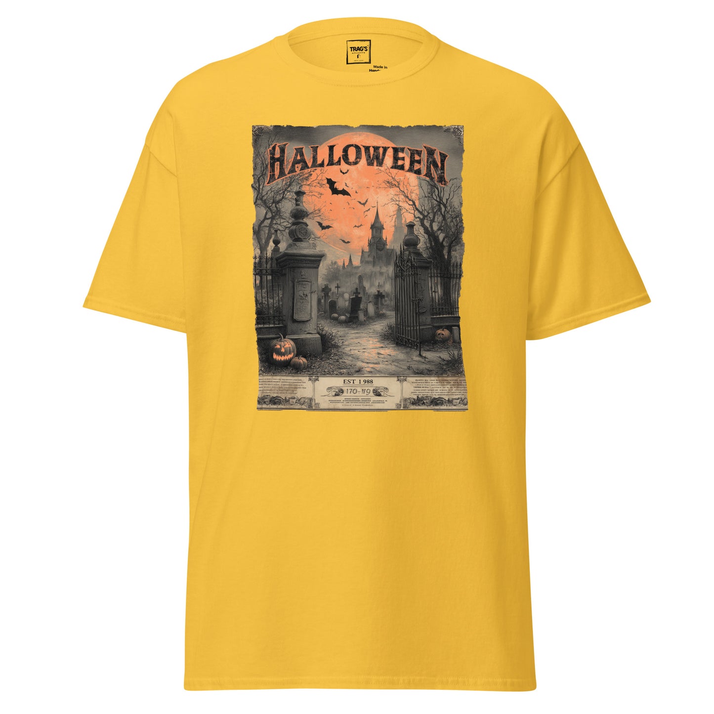 Halloween T-Shirt mit Vintage Motiv Friedhofstor, Schloss und Kürbisse