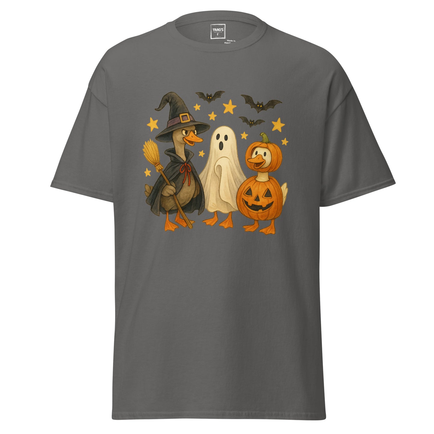 Halloween T-Shirt mit drei Gänsen in Verkleidungen als Hexe, Geist und Kürbis