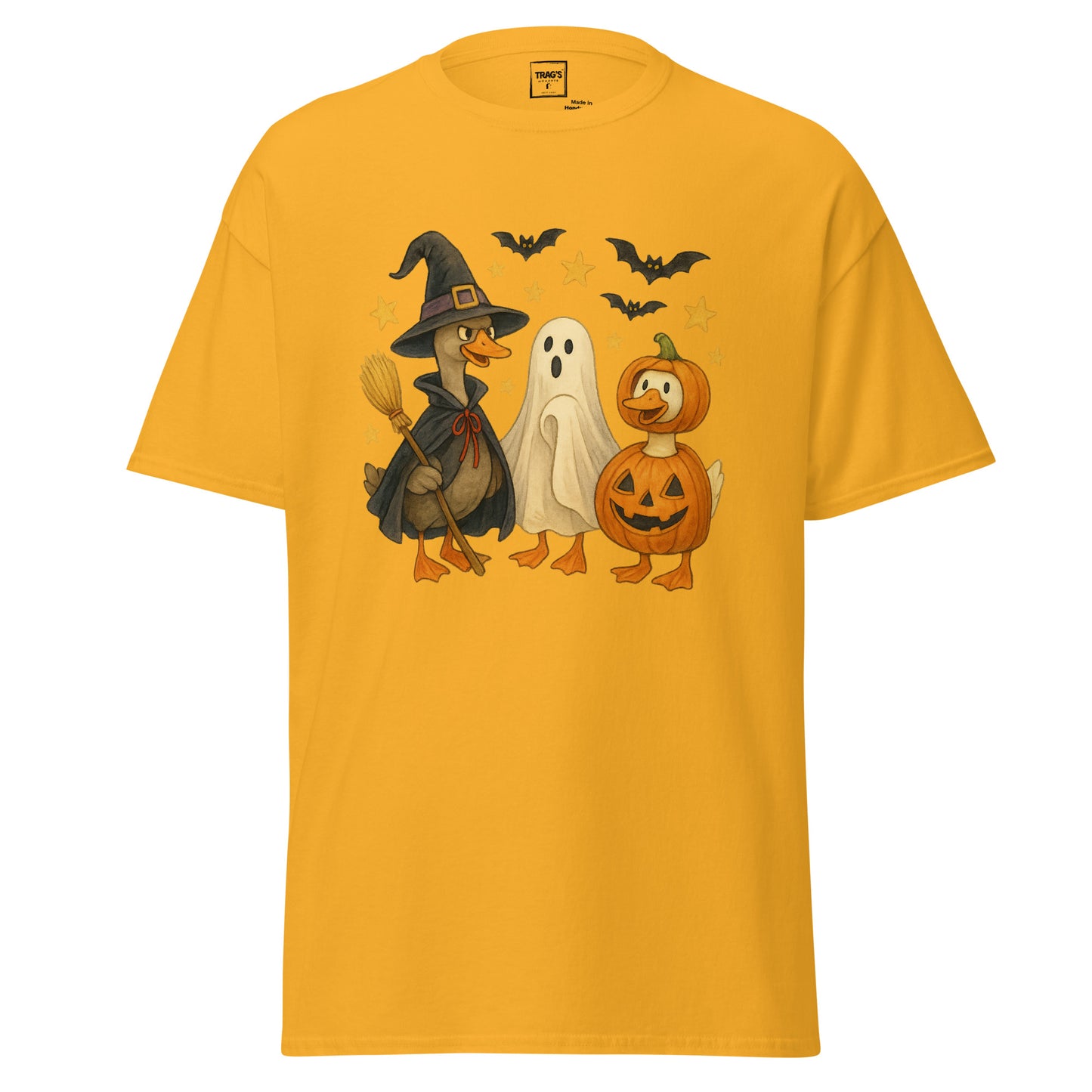 Halloween T-Shirt mit drei Gänsen in Verkleidungen als Hexe, Geist und Kürbis