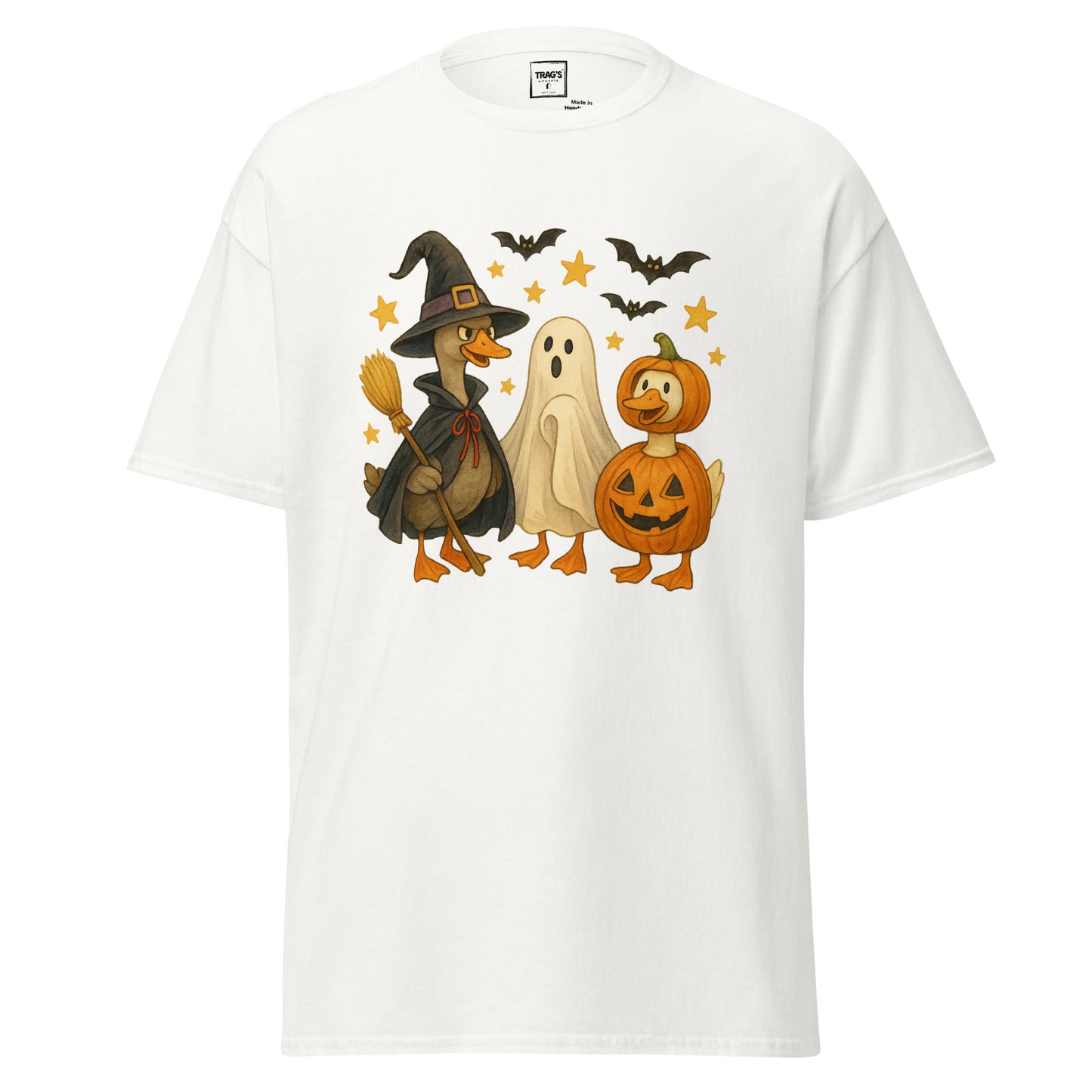 Halloween T-Shirt mit drei Gänsen in Verkleidungen als Hexe, Geist und Kürbis