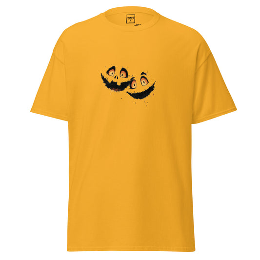 Halloween T-Shirt mit zwei minimalistischen Kürbisgesichtern