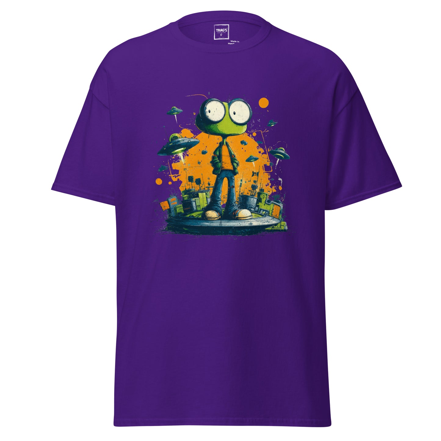 Urban Style Alien T-Shirt mit Cartoon Alien, UFOs und Stadtkulisse