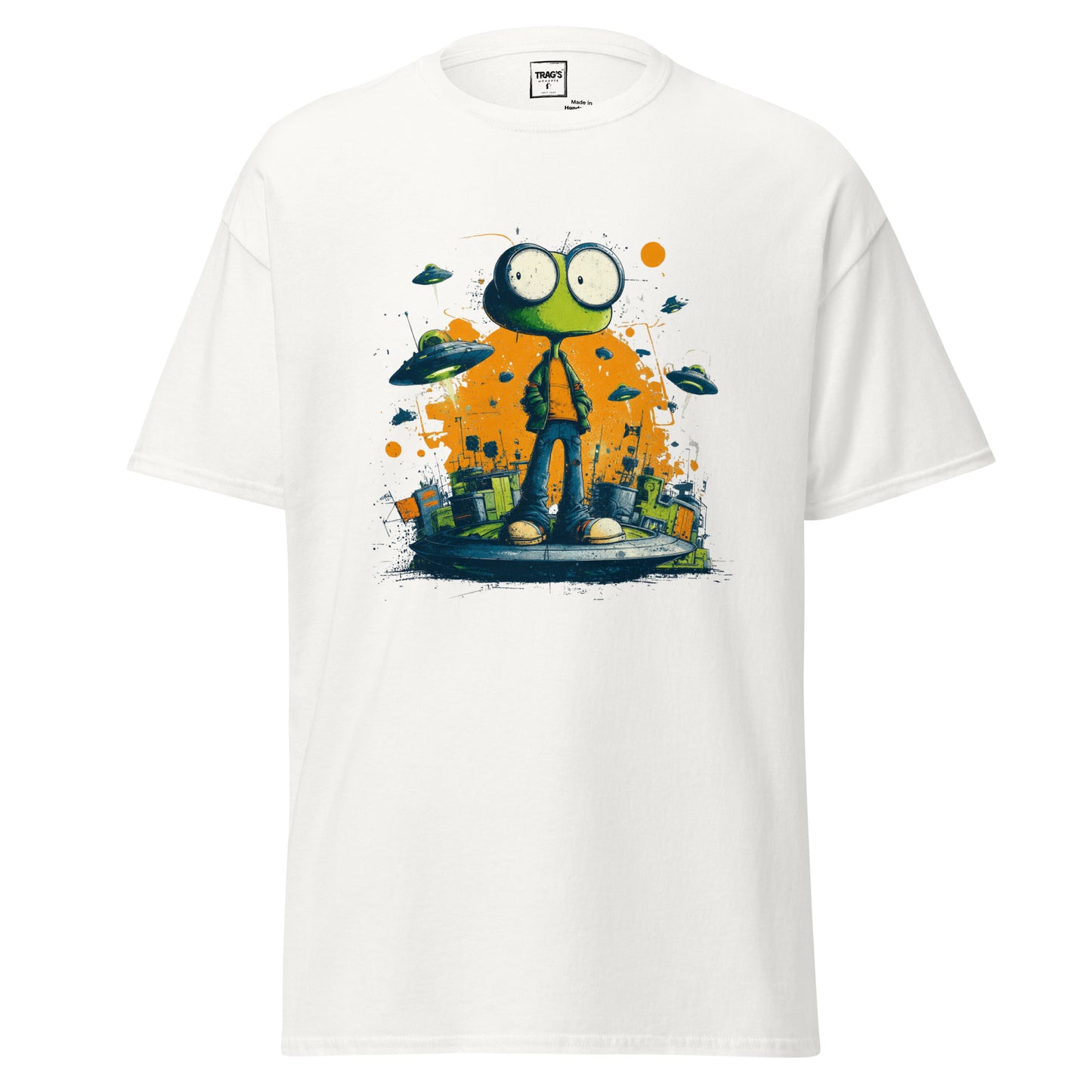 Urban Style Alien T-Shirt mit Cartoon Alien, UFOs und Stadtkulisse

