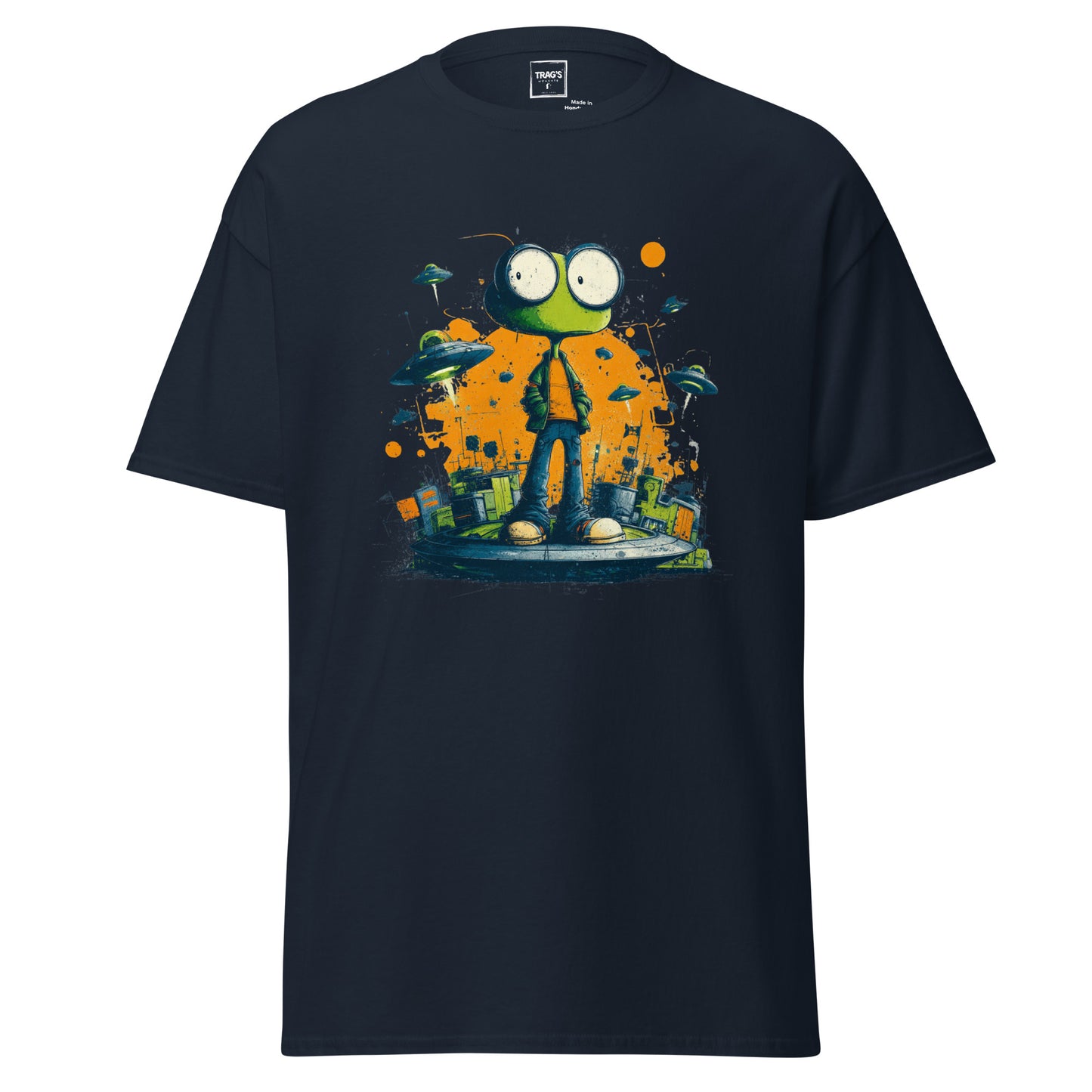 Urban Style Alien T-Shirt mit Cartoon Alien, UFOs und Stadtkulisse