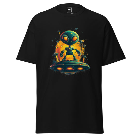 Urban Style Alien T-Shirt mit Motiv Alien auf UFO-Plattform im Neon-Look
