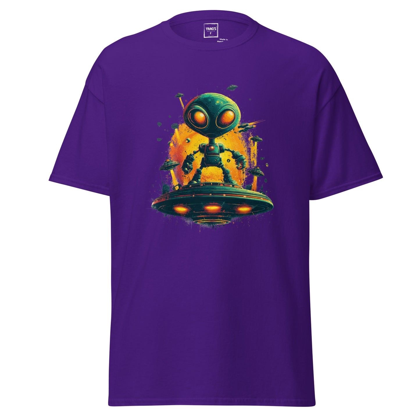 Urban Style Alien T-Shirt mit Motiv Alien auf UFO-Plattform im Neon-Look