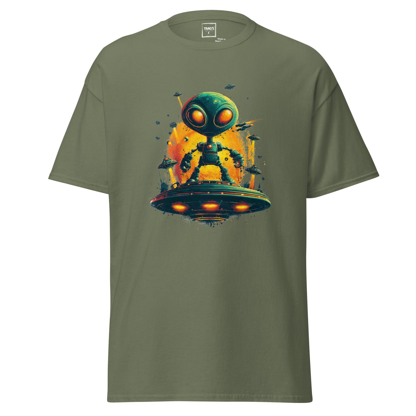 Urban Style Alien T-Shirt mit Motiv Alien auf UFO-Plattform im Neon-Look